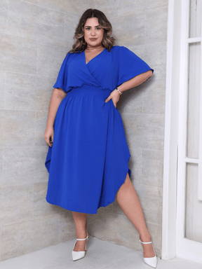 Vestido Feminino Midi PlusSize Transpassado Manga Curta Duna