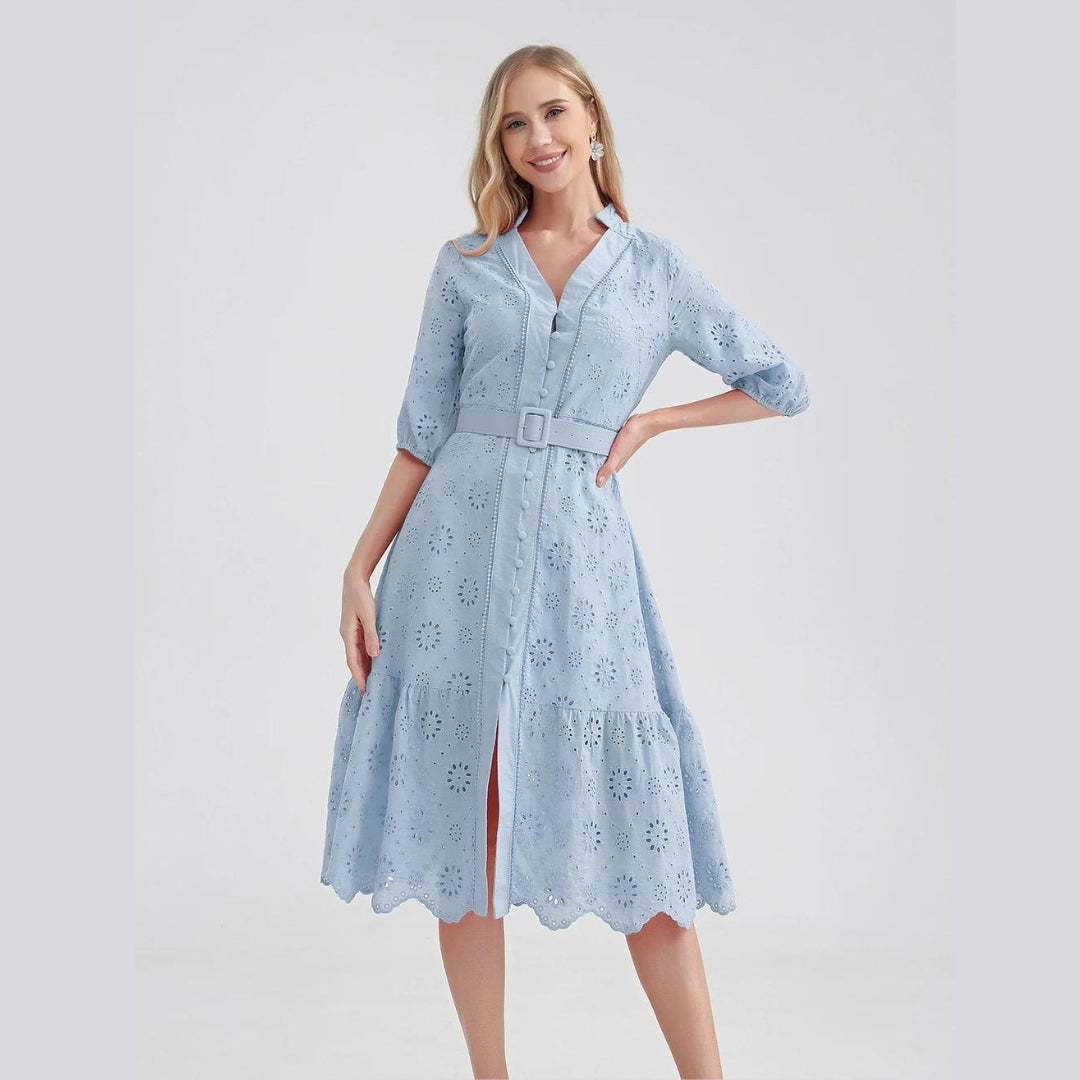 Vestido Casual de Algodão Cintura Alta e Babados