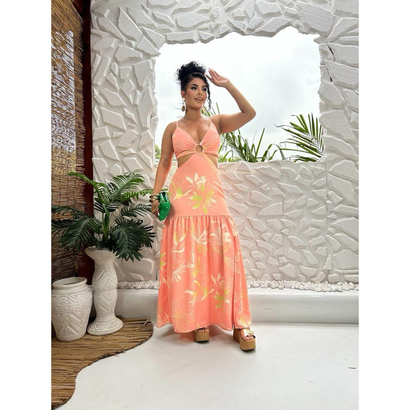 (Argola) VESTIDO LONGO COM BOJO MODELO DE ALCINHA MODA VERÃO   ( estampa variados )